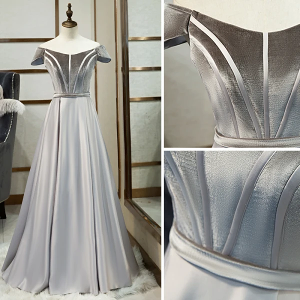 Classic Grey Prom Dresses 2019 A-Line / Princess Off-The-Shoulder Suede Short Sleeve Backless Floor-Length / Long Formal Dresses