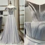Classic Grey Prom Dresses 2019 A-Line / Princess Off-The-Shoulder Suede Short Sleeve Backless Floor-Length / Long Formal Dresses