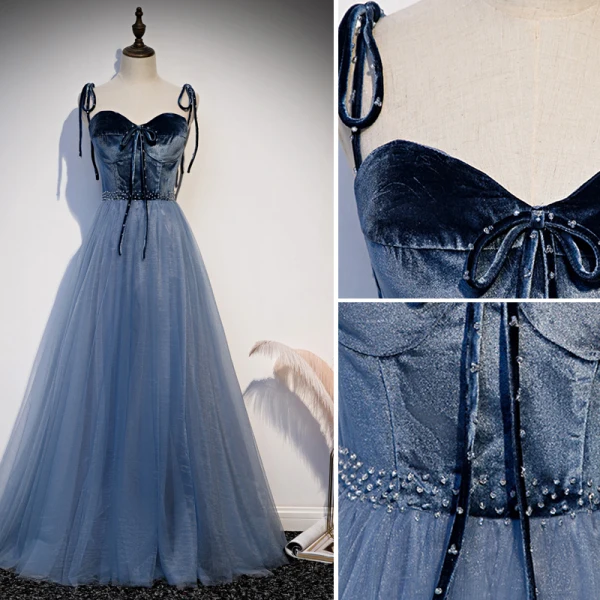 Classy Ocean Blue Prom Dresses 2020 A-Line / Princess Spaghetti Straps Bow Suede Sleeveless Backless Floor-Length / Long Formal Dresses