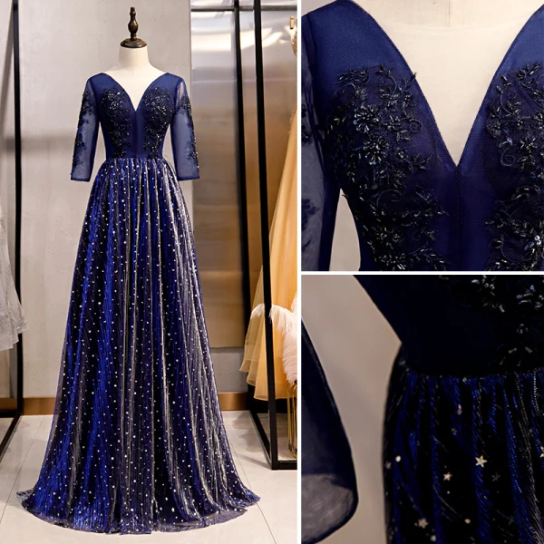 Elegant Royal Blue Evening Dresses 2020 A-Line / Princess V-Neck Beading Crystal Lace Flower Star 3/4 Sleeve Backless Floor-Length / Long Formal Dresses