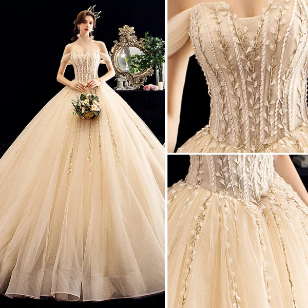 Charming Champagne Wedding Dresses 2020 Ball Gown Off-The-Shoulder Sequins Lace Flower Sleeveless Backless Chapel Train