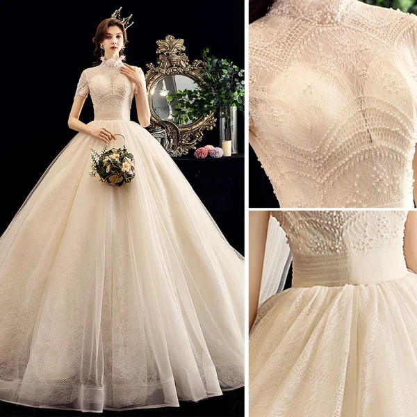 Vintage / Retro Champagne Wedding Dresses 2020 A-Line / Princess High Neck Beading Pearl Lace Short Sleeve Backless Chapel Train