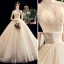 Vintage / Retro Champagne Wedding Dresses 2020 A-Line / Princess High Neck Beading Pearl Lace Short Sleeve Backless Chapel Train