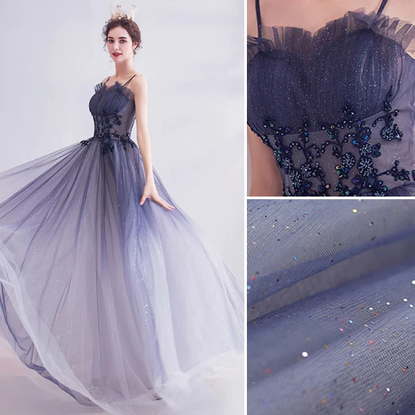 Edles Farbverlauf Violett Abendkleider 2020 A Linie Spaghettiträger Kristall Spitze Blumen Strass Pailletten Ärmellos Rückenfreies Lange Festliche Kleider