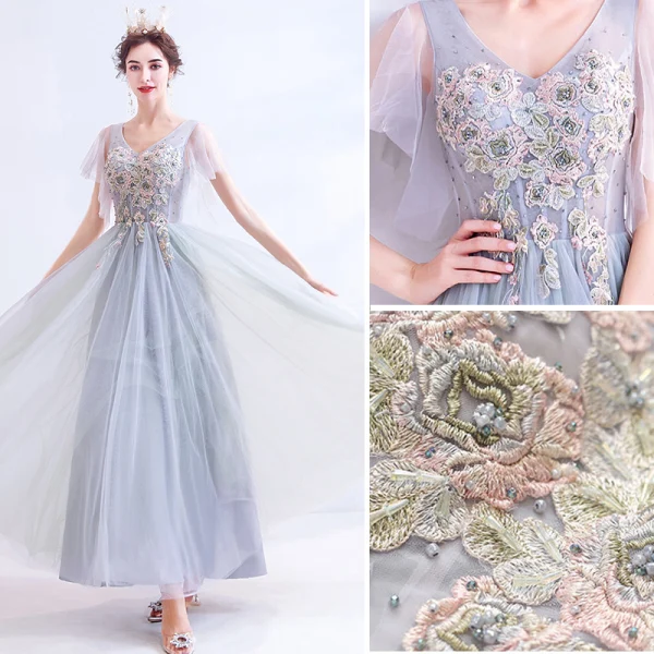 Elegant Grey Evening Dresses  2020 A-Line / Princess V-Neck Pearl Rhinestone Lace Flower Short Sleeve Backless Floor-Length / Long Formal Dresses