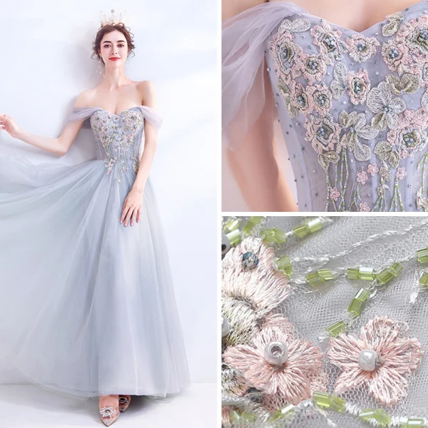 Classy Grey Prom Dresses 2020 A-Line / Princess Off-The-Shoulder Beading Crystal Lace Flower Sleeveless Backless Floor-Length / Long Formal Dresses