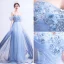 Charming Gradient-Color Sky Blue Evening Dresses  2020 A-Line / Princess Off-The-Shoulder Appliques Beading Crystal Rhinestone Sequins Short Sleeve Backless Floor-Length / Long Formal Dresses
