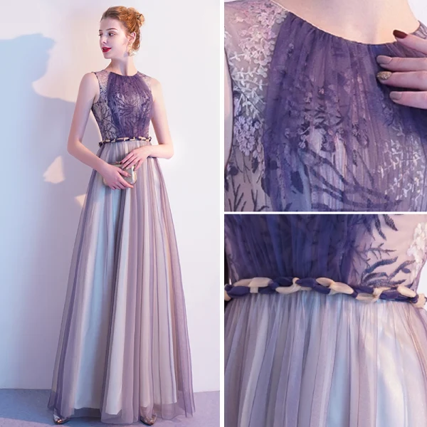 Chic / Beautiful Purple Evening Dresses  2020 A-Line / Princess Lace Scoop Neck Sleeveless Floor-Length / Long Formal Dresses