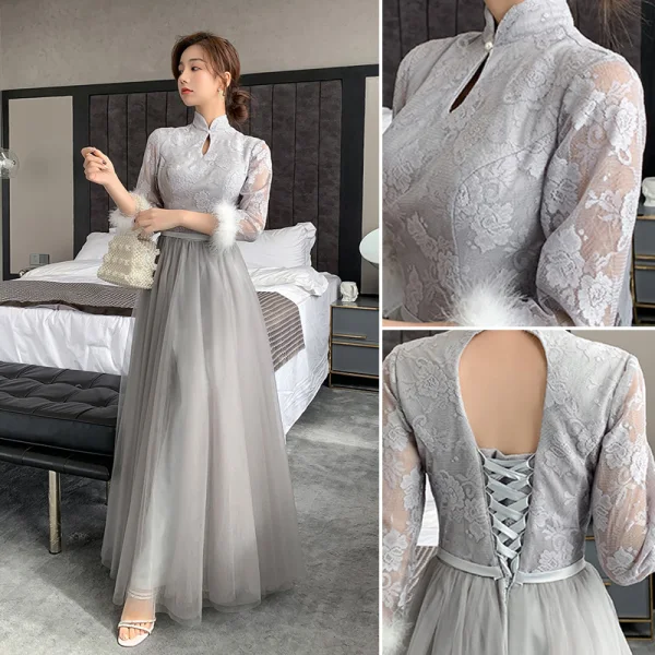 Simple Gris Robe Demoiselle D'honneur Bretelles croisées 2021 Princesse Encolure Carrée En Dentelle Fleur Ceinture 3/4 Manches Dos Nu Longue Demoiselle D'honneur Robe Pour Mariage