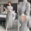 Simple Gris Robe Demoiselle D'honneur Bretelles croisées 2021 Princesse Encolure Carrée En Dentelle Fleur Ceinture 3/4 Manches Dos Nu Longue Demoiselle D'honneur Robe Pour Mariage