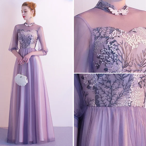 Chic / Belle Lavande Robe De Soirée 2020 Princesse Col Haut En Dentelle Fleur 1/2 Manches Dos Nu Longue Robe De Ceremonie