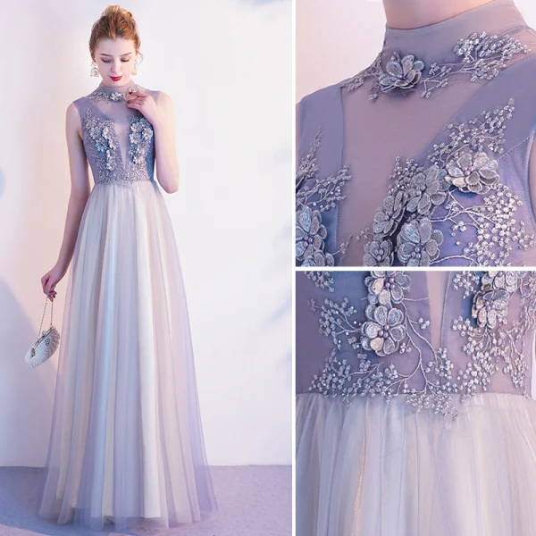 Elegant Grey Evening Dresses 2020 A-Line / Princess High Neck Pearl Rhinestone Lace Flower Sleeveless Floor-Length / Long Formal Dresses