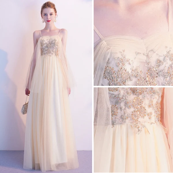 Charmant Champagne Robe De Soirée 2020 Princesse Bretelles Spaghetti Perlage Paillettes Sans Manches Dos Nu Longue Robe De Ceremonie