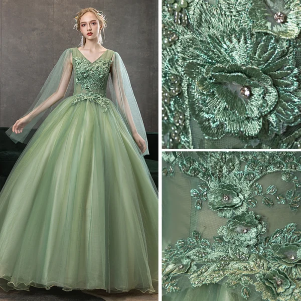 Elegant Lime Green Prom Dresses 2020 Ball Gown V-Neck Beading Rhinestone Lace Flower Short Sleeve Backless Floor-Length / Long Formal Dresses