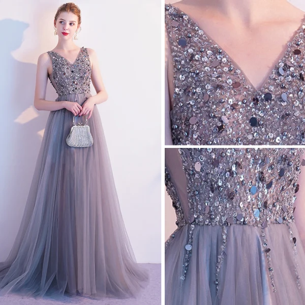 Elegant Grey Evening Dresses 2020 A-Line / Princess V-Neck Beading Sequins Sleeveless Backless Floor-Length / Long Formal Dresses