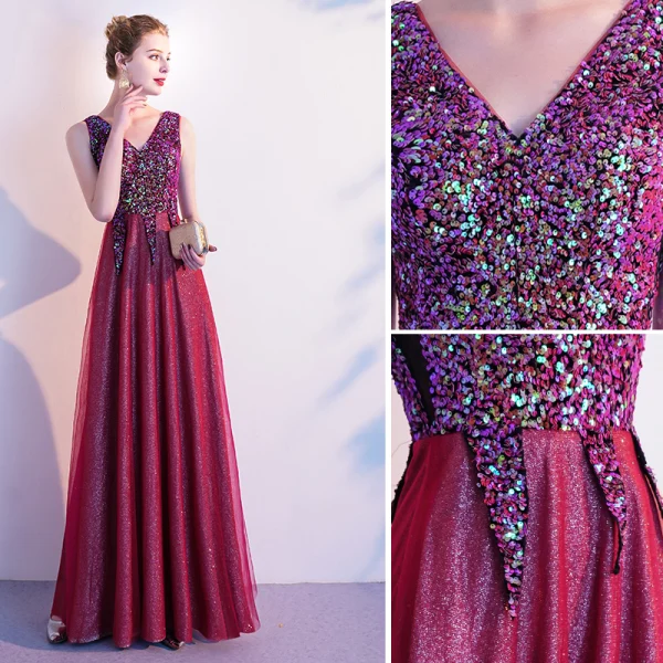 Classy Burgundy Evening Dresses  2020 A-Line / Princess V-Neck Sequins Sleeveless Backless Floor-Length / Long Formal Dresses