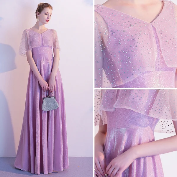 Chic / Belle Rose Bonbon Robe De Soirée 2020 Princesse V-Cou Faux Diamant Manches Courtes Dos Nu Longue Robe De Ceremonie