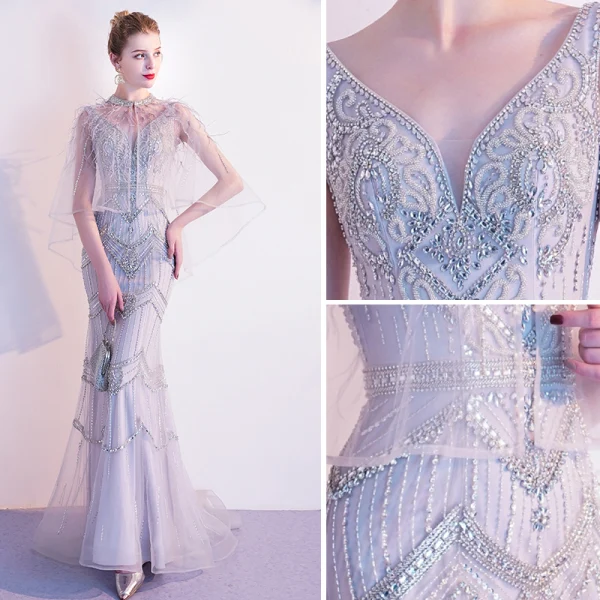 Luxury / Gorgeous Grey Evening Dresses  2020 Trumpet / Mermaid V-Neck Handmade  Beading Rhinestone Sleeveless Backless Floor-Length / Long Formal Dresses