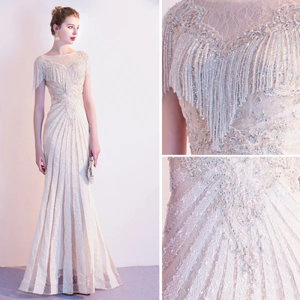 Luxe Champagne Robe De Soirée 2020 Trompette / Sirène Encolure Dégagée Fait main Perlage Gland En Dentelle Faux Diamant Paillettes Manches Courtes Train De Balayage Robe De Ceremonie