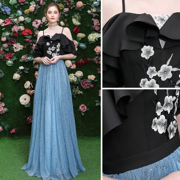 Chic / Belle Noire Robe De Soirée 2020 Princesse Bretelles Spaghetti Paillettes En Dentelle Fleur Manches Courtes Dos Nu Longue Robe De Ceremonie
