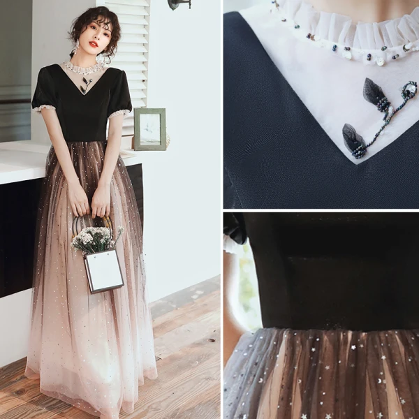 Fashion Black Evening Dresses  2020 A-Line / Princess Scoop Neck Beading Star Sequins Short Sleeve Backless Floor-Length / Long Formal Dresses