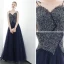 Chic Bleu Marine Robe De Soirée 2020 Princesse Bretelles Spaghetti Perlage Paillettes Sans Manches Dos Nu Longue Robe De Ceremonie
