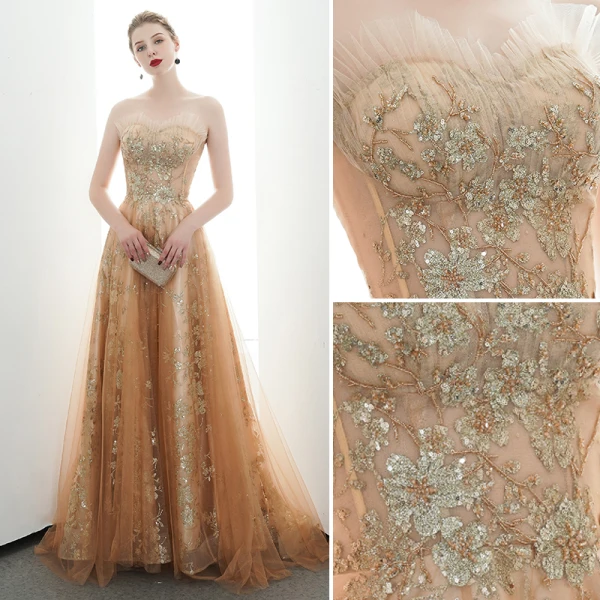 Charmant Gold Abendkleider 2020 A Linie Bandeau Perlenstickerei Pailletten Spitze Blumen Ärmellos Rückenfreies Sweep / Pinsel Zug Festliche Kleider