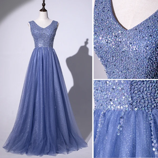 Chic / Belle Océan Bleu Robe De Soirée 2020 Princesse V-Cou Perlage Glitter Paillettes Sans Manches Dos Nu Longue Robe De Ceremonie
