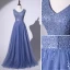 Chic / Belle Océan Bleu Robe De Soirée 2020 Princesse V-Cou Perlage Glitter Paillettes Sans Manches Dos Nu Longue Robe De Ceremonie