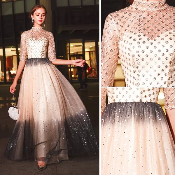 Sparkly Champagne Evening Dresses  2020 A-Line / Princess High Neck Beading Sequins 1/2 Sleeves Floor-Length / Long Formal Dresses