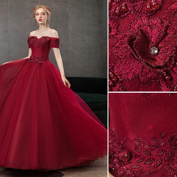 Élégant Bordeaux Robe De Bal 2020 Princesse De l'épaule Perlage Cristal Faux Diamant En Dentelle Fleur Manches Courtes Dos Nu Longue Robe De Ceremonie