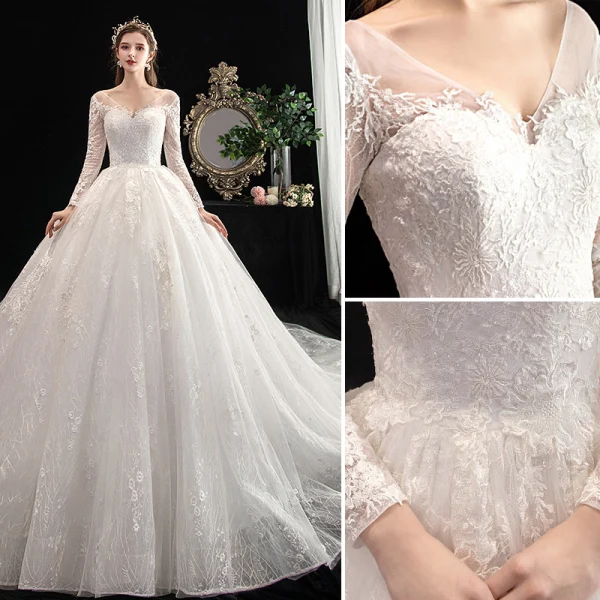 Charmant Ivoire Robe De Mariée 2020 Princesse V-Cou Perlage En Dentelle Fleur 3/4 Manches Dos Nu Cathedral Train