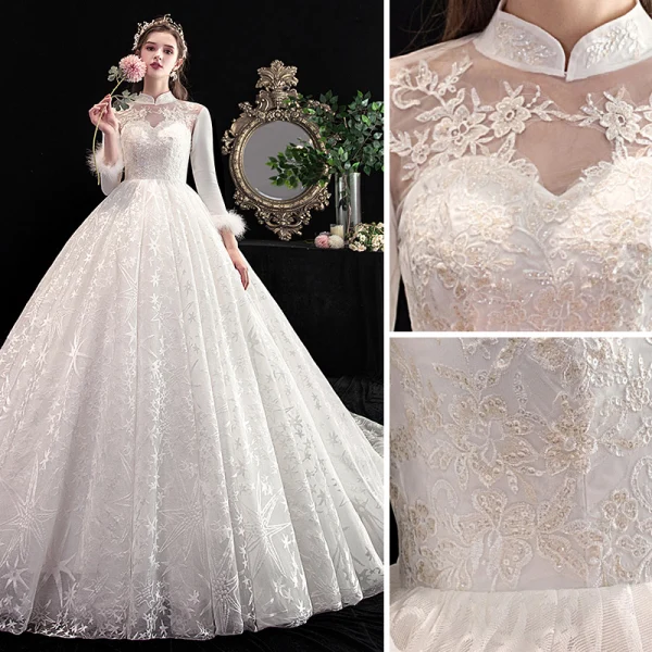 Vintage / Originale Style Chinois Ivoire Robe De Mariée 2020 Princesse Col Haut En Dentelle Fleur Étoile Paillettes 3/4 Manches Dos Nu Cathedral Train