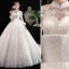 Vintage / Originale Style Chinois Ivoire Robe De Mariée 2020 Princesse Col Haut En Dentelle Fleur Étoile Paillettes 3/4 Manches Dos Nu Cathedral Train