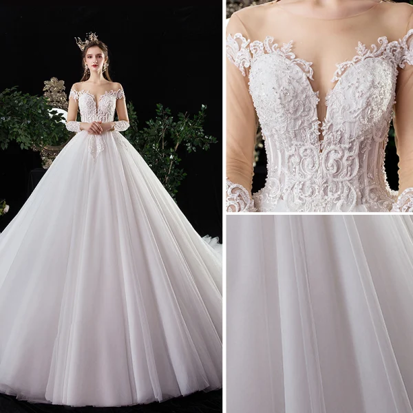 Charmant Ivoire Robe De Mariée 2020 Princesse Encolure Dégagée Perlage Perle Paillettes En Dentelle Fleur Manches Longues Cathedral Train