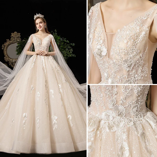 Luxury / Gorgeous Champagne Wedding Dresses 2020 A-Line / Princess V-Neck Beading Sequins Pearl Crystal Lace Flower Short Sleeve Backless Cathedral Train