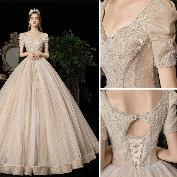 Victorian Style Vintage / Retro Champagne Wedding Dresses 2020 A-Line / Princess V-Neck Beading Pearl Rhinestone Lace Flower Sequins Short Sleeve Backless Floor-Length / Long