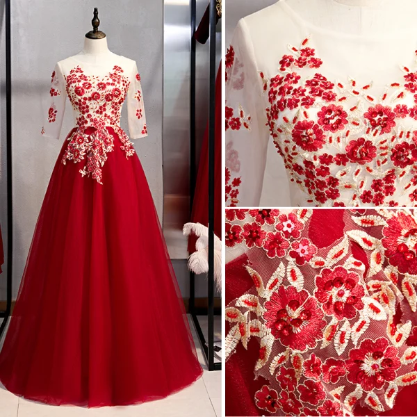 Chic / Belle Bordeaux Robe De Soirée 2020 Princesse Encolure Dégagée Perlage Perle En Dentelle Fleur 1/2 Manches Longue Robe De Ceremonie