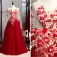 Chic / Belle Bordeaux Robe De Soirée 2020 Princesse Encolure Dégagée Perlage Perle En Dentelle Fleur 1/2 Manches Longue Robe De Ceremonie