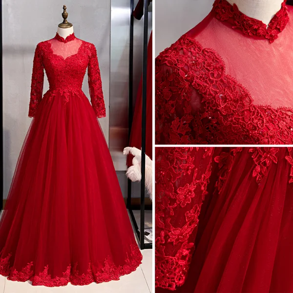 Affordable Chinese style Burgundy Evening Dresses 2020 A-Line / Princess High Neck Beading Lace Flower Long Sleeve Backless Floor-Length / Long Formal Dresses