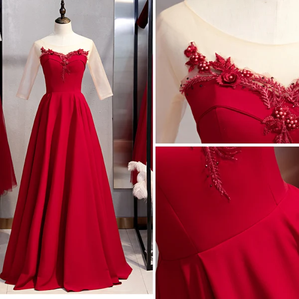 Elegant Burgundy Evening Dresses 2020 A-Line / Princess Scoop Neck Rhinestone Pearl Lace Flower 3/4 Sleeve Backless Floor-Length / Long Formal Dresses