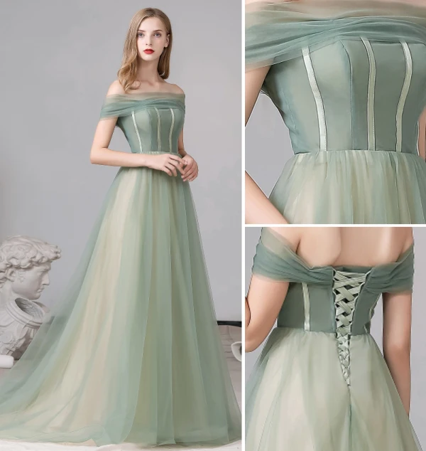 Classy Sage Green Evening Dresses 2020 A-Line / Princess Off-The-Shoulder Short Sleeve Backless Sweep Train Formal Dresses