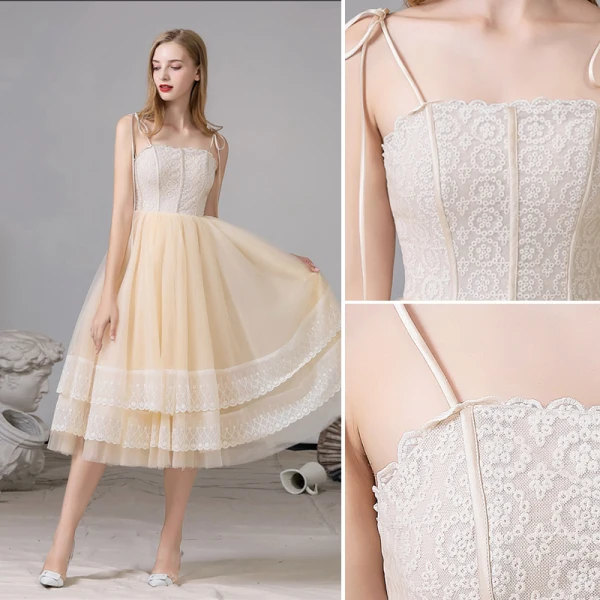 Fashion Champagne Homecoming Graduation Dresses 2020 A-Line / Princess Spaghetti Straps Lace Sleeveless Backless Tea-length Formal Dresses