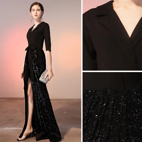 Classy Black Evening Dresses  2020 A-Line / Princess Bow Satin Sequins V-Neck 1/2 Sleeves Floor-Length / Long Formal Dresses