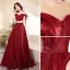 Charming Burgundy Beading Crystal Evening Dresses  2021 A-Line / Princess Scoop Neck Short Sleeve Backless Chapel Train Evening Party Formal Dresses