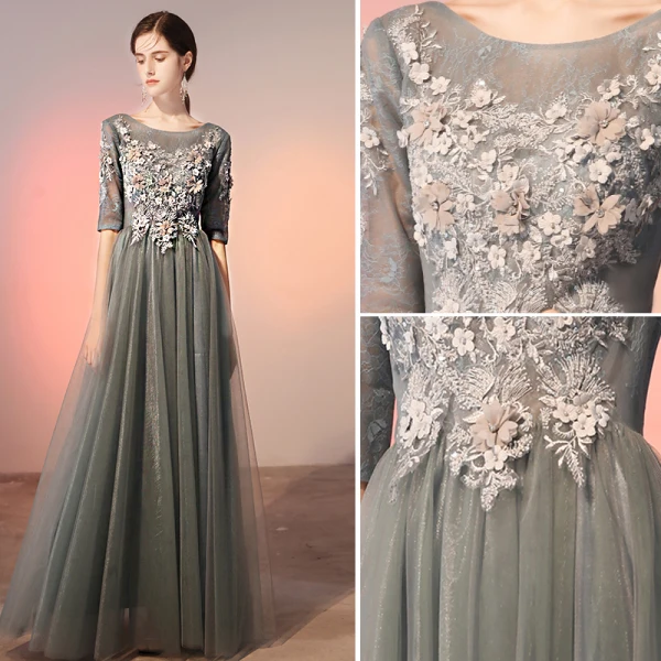 Elegant Grey Evening Dresses  2020 A-Line / Princess Scoop Neck Pearl Rhinestone Lace Flower Appliques 1/2 Sleeves Backless Floor-Length / Long Formal Dresses