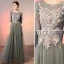 Elegant Grey Evening Dresses  2020 A-Line / Princess Scoop Neck Pearl Rhinestone Lace Flower Appliques 1/2 Sleeves Backless Floor-Length / Long Formal Dresses