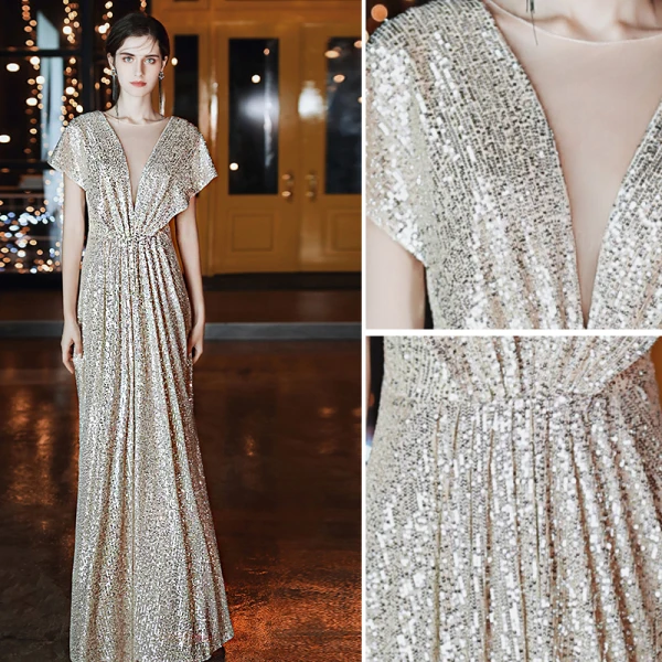 Scintillantes Doré Robe De Soirée 2020 Princesse Encolure Dégagée Paillettes Manches Courtes Dos Nu Longue Robe De Ceremonie