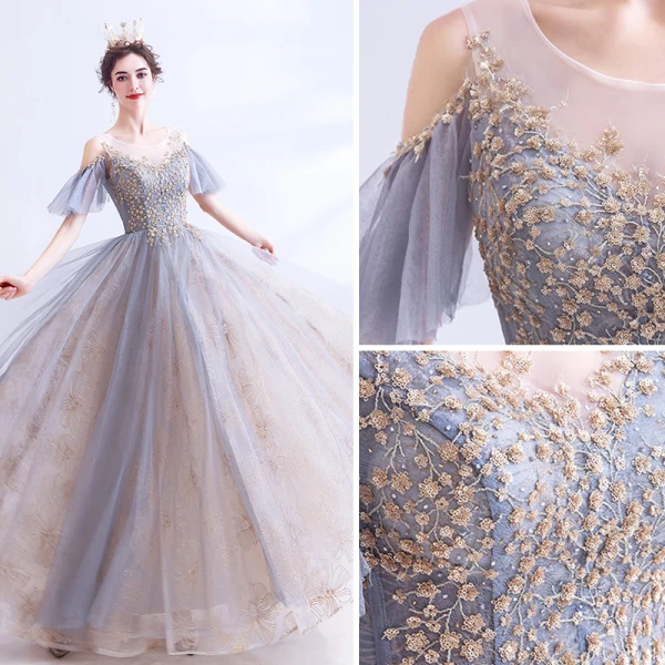 Élégant Gris Robe De Bal 2020 Princesse Encolure Dégagée Perlage Paillettes Manches Courtes Dos Nu Longue Robe De Ceremonie
