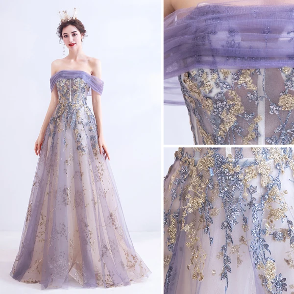 Charming Purple Prom Dresses 2020 A-Line / Princess Off-The-Shoulder Lace Flower Glitter Sequins Sleeveless Backless Floor-Length / Long Formal Dresses